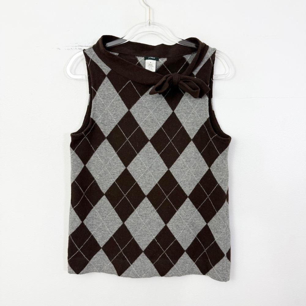 J.Crew Y2K Argyle Cashmere Wool Bow Neck Sweater Vest Brown Gray Medium